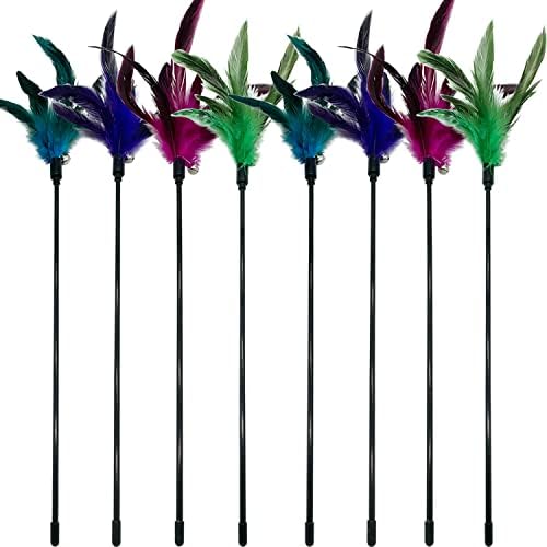 Cat Wand Toy Feather Stick Cat Toys, 8 Pieces Interactive Cat Toy Feathers Wand for Indoor Cats