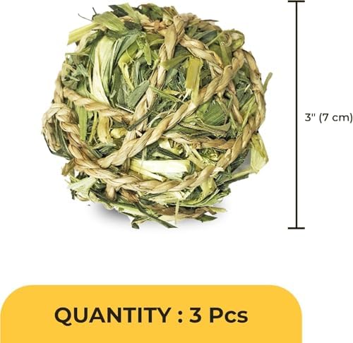 SunGrow Assorted Rabbit & Cat Chew Balls, Teething Activity Toy for Pocket Pets, Improves Dental Health, Environment Friendly, Stress Reliever (Barley Grass Ball, 3 Pcs)