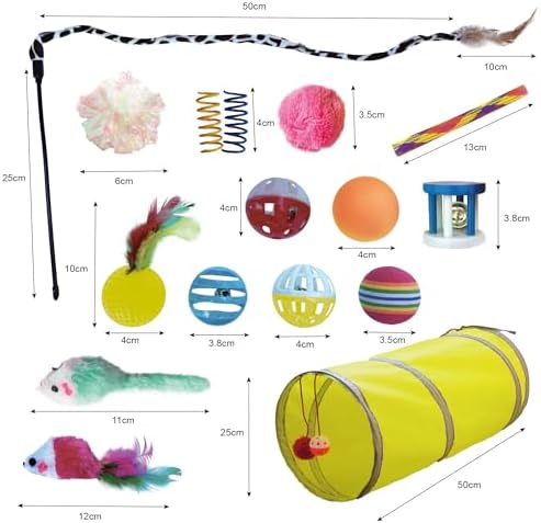 PetLike 25pcs Interactive Cat Toys Set Collapsible Cat Tunnel Interactive Feather Teaser Wand,Spring Toys & Balls for Indoor Cats (Green, 25x55cm)