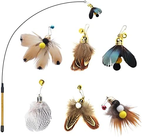 Cat Insect Feather Toys - Cat Wand and 6 Natural Insect Feathers Refill, Interactive Teaser with Bell