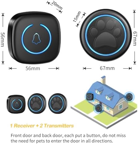 Dog Door Bell for Potty Training, Smart Wireless Doggie Doorbell to Go Outside, Over 1000 Feet Long Range with IP65 Waterproof Super-Light Touch Button, 60 Melodies & Adjustable Volume (2 Button)