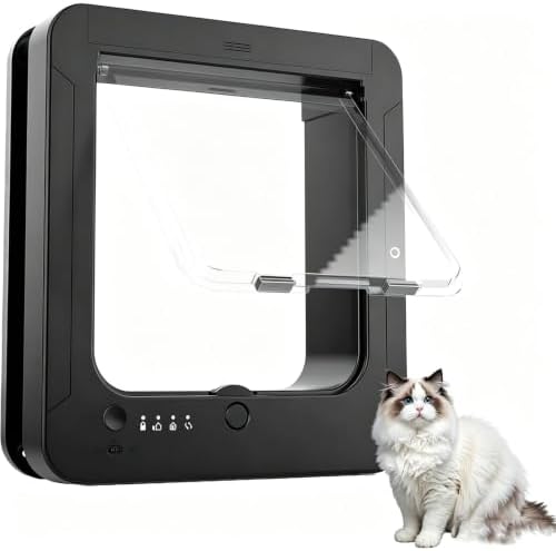 Remote Control Automatic Pet Door, Microchip Cat Flap, 11.73"x10.35", 4-Way Locking,for Windows Walls Doors (Black) Black