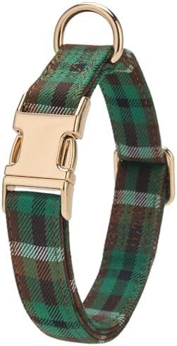 Soft Cotton Dog Collar Classic Plaid Pet Collars with Metal Clasp for Medium Dogs with Sensitive Skin, Forest Green