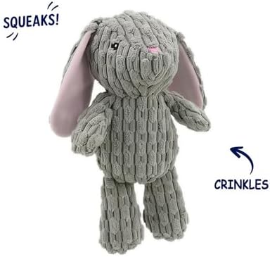 Linzy Bunny Squeaky Plush Dog Toy, Soft Squeaky Chew Toy for Small Medium Large Dogs, Pet Toy for All Breeds to Keep Them Entertained, Teeth Cleaning, Gray, 12-in