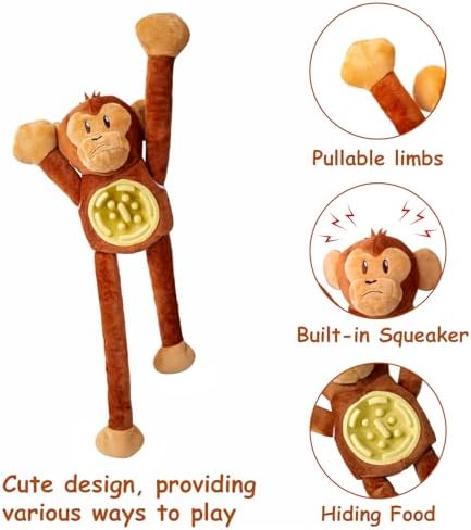 Hollypet Squeaky Plush Stuffed Dog Puzzle Toy with Slow Feeder Bowl, Interactive Chew Toy for Small and Medium Dogs, Tug of War Dog Toys, Monkey
