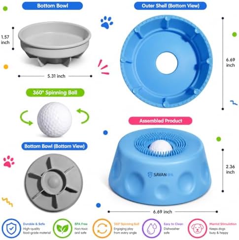 Slow Feeder Dog Bowl with Interactive Roll Ball, Anti-Slip Dog Lick Bowl for Liquid Treats, Bone Broth & Yogurt, Anxiety Relief Boredom Puzzle Feeder for Small Large Dogs