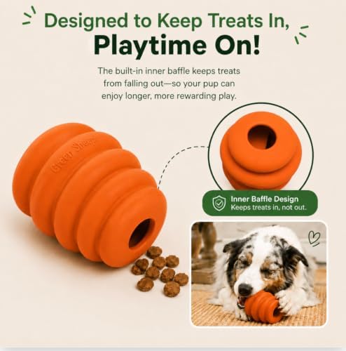 Green Sheep Enrichment Dog Ball for Medium to Large Dogs, Natural Rubber Treat Dispensing Chew Toy for Mental Stimulation & Boredom Relief, Interactive Dog Toys, Orange