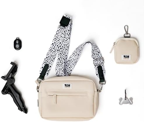 Hands-Free Dog Walking Crossbody for Training, Treat Pouch, Built-in Poop Bag Dispenser, Used Bag Hook & Bonus Tripod (Beige)