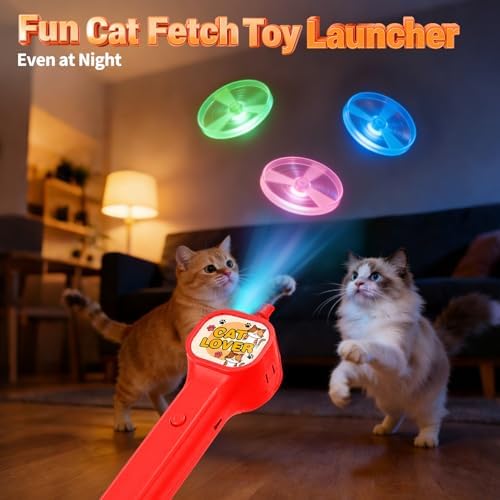 BABORUI Cat Toy Disc Launcher, Rechargeable Interactive Cat Fetch Toy Launcher with 8 Flying Discs, Flying Enrichment Toys for Indoor Bored Kittens & Adult Cats (Red-1)