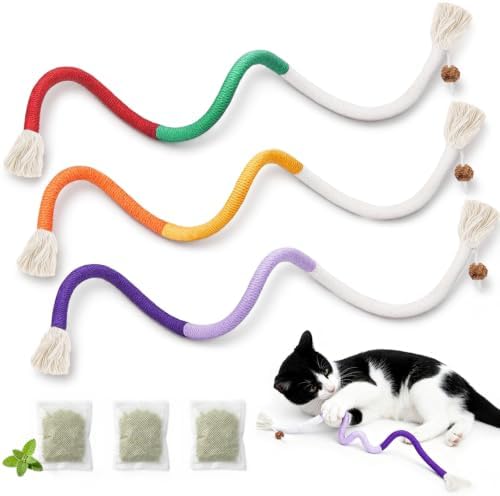 Cat Toys for Indoor Cats, Kitten Toys for Indoor Kittens, Catnip Rope Chew Toys for Teeth Cleaning, Interactive Cat String Toy, Kitty Kicker Toy, 3 Pack (Plus 3 Pouches of Catnip)