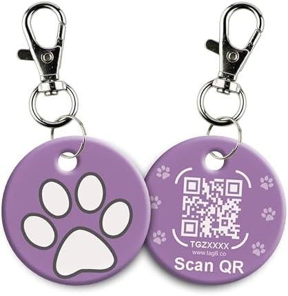 tag8 QR Code ID Tag for Dogs & Cats, Real-Time Scan Alerts, Online Pet Info Access, No Subscription or Fees, Durable Pet Tag for Collars - Purple