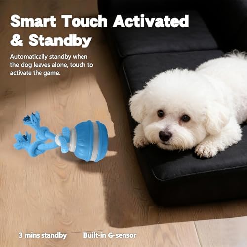 Interactive Dog Toys, Automatic Rolling Ball, Squeak Dog Toys for Boredom Interactive, Touch Activated, Dog Ball Chew Toy with Fun Rope for Small/Medium Dog Cat Indoor/Outdoor (Blue)
