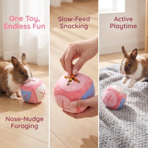 Pink Rabbit Treat Dispenser Ball for Indoor Use, Cloth Material Slow Feeder with Smooth Surface, Stimulates Natural Foraging Behavior and Provides Exercise for Bunny and Small