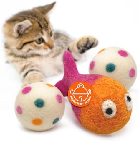 Love Ewe Wool Cat Toys 3 Pack, 3in Fish with Bell & 2in Ball