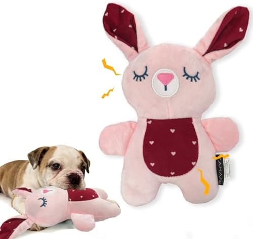 10.24 Inch Pink Bunny Squeaky Dog Toy, Soft Plush Chew Toy for Puppy Teething, Indoor Outdoor Interactive Toy for All Dog Sizes