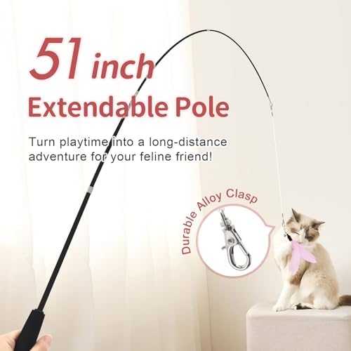SONGWAY Cat Wand Toys for Indoor Cats - Cat Toy Set with Retractable Teaser Wand and 6 PCS Fairy Feather Toy Refills, Dragonfly Tassel Plush Cat Toys Interactive, Pink