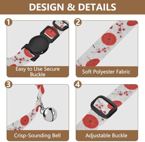 Cherry Blossom Branches Red Flowers Cat Collars with Bell 2 Pack Cats Collar Adjustable Length 10.6" to 17.1"