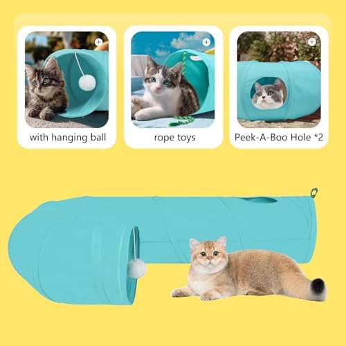 Cat Tunnel, 2-Way Collapsible Cat Tube with Interactive Peek-A-Boo Hole, Toy Ball, and Rope – Ideal for Indoor Cats, Kittens, and Rabbits (Light Blue)