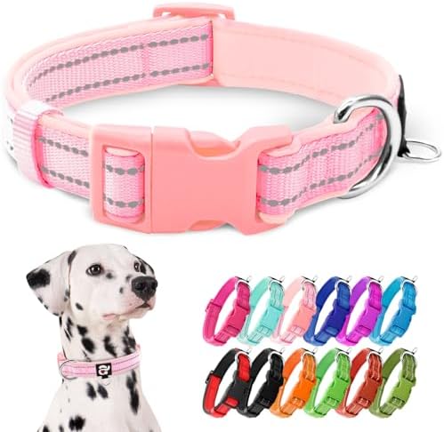 azuza Reflective Dog Collar, Neoprene Padded Large Dog Collar, Pink, L
