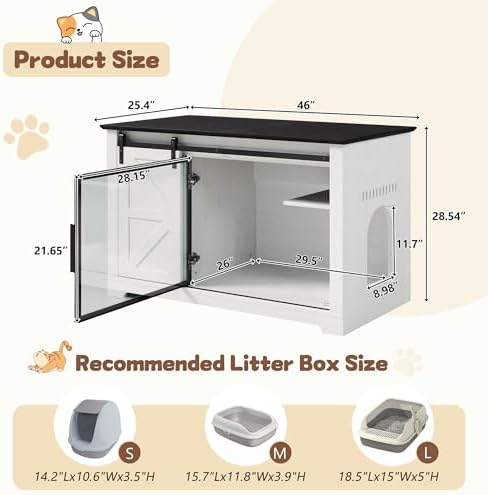 46" Cat Litter Box Enclosure Furniture with LED Light, Hidden Large Cat Cabinet with Storage Drawer & Sliding Barn Door, Indoor Pet House with Acrylic Door for Living Room, White