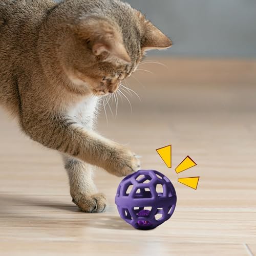 Dog Chew Toys with Bell Sound, 3 Rubber Bouncy Ball for Medium/Large Dogs, Interactive Fetch Ball Teeth Cleaning&Training, Hollow Design with Internal Bells (Purple)