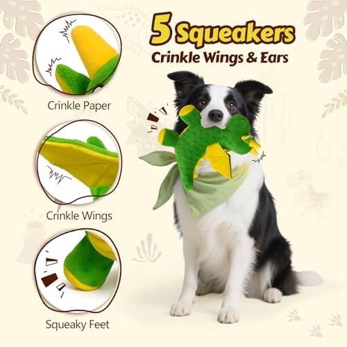 2 Pack Squeaky Dog Toy - Plush Dragon with 5 Squeakers and Crinkle Wings