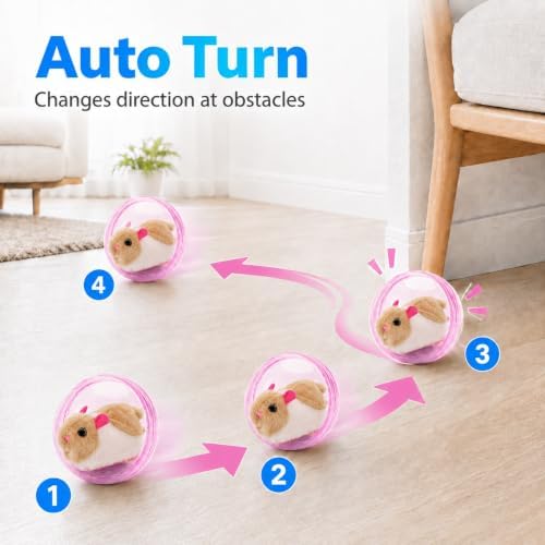Self Rolling Interactive Cat Ball, Automatic Moving Cat Toy with Plush Animal Inside, 360° Rolling Cat Chasing Ball with Transparent Ball for Cats Dogs Small Pets (Pink,White/Brown Mouse)