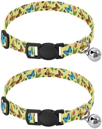 Colorful Butterflies Tulips Yellow Kitten Collar with Bell 2 Pack Pet Collar Adjustable Length 10.6" to 17.1"