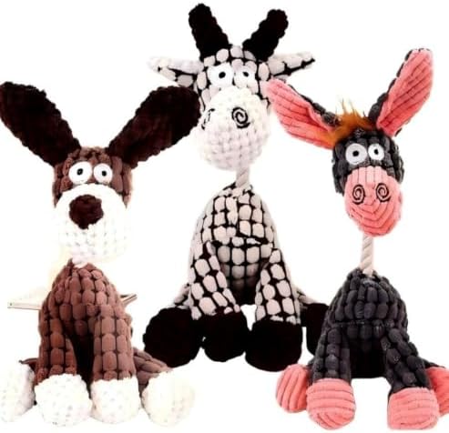 3pcs Dog+Cow+Donkey Squeaker Inside, Knotted Design, Small & Medium Dogs, 9.1 x 6.3 inches, Donkey & Dog Designs