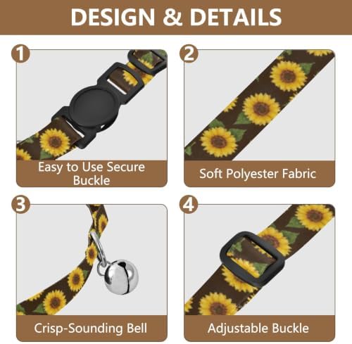 Sunflowers Black Cat Collars with Bell 2 Pack Cat Collars Adjustable 10.6 to 17.1 Inches
