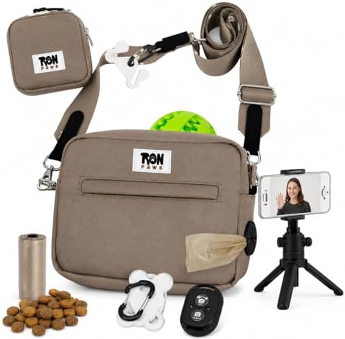 Hands-Free Dog Walking Crossbody for Training, Treat Pouch, Built-in Poop Bag Dispenser, Used Bag Hook & Bonus Tripod (Mocha)