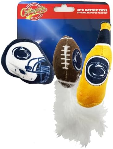 Best Plush CAT Toy - NCAA Penn State Nittany Lions Complete Set of 3 piece Cat Toys Filled with Fresh Catnip. Includes: 1 Helmet Cat Toy, 1 Football Cat Toy with Feathers, & 1 Beer Bottle.