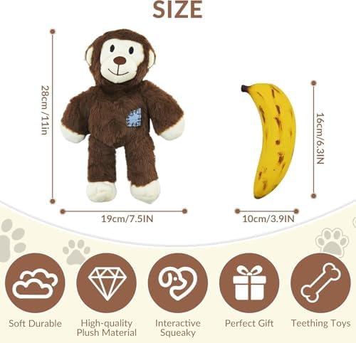2 Pack Dog Squeak Toys – Plush Monkey & Silicone Banana Chew Toy Set for Small & Medium Dogs, Interactive, Durable, Squeaky Dog Toys to Keep Them Busy