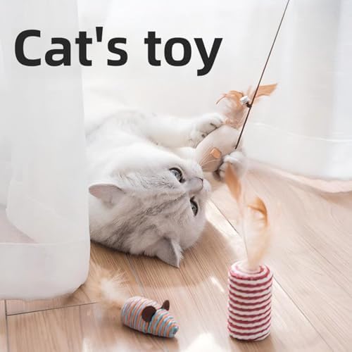 Cats Wand Toy Cat Teaser Toy Stretchy Rope Mouse Shape with Bell Feather Cat Self-Help Relief Toys Bite and Wear Resistant Pet Interactive Toy Suitable for Kittens Adult Cats Households