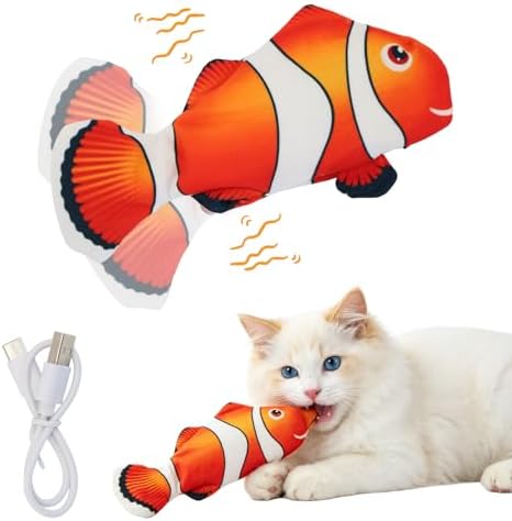 Flopping Fish Cat Toy, Interactive Moving Plush Cat Kicker Toy with Catnip Pocket, USB Rechargeable Automatic Wiggle Clownfish Toy for Indoor Kitten & Small Dogs, Single Clownfish（9.84Inch）