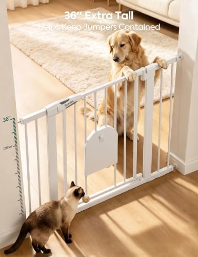 Babelio 36" Tall Baby Gate with Adjustable Cat Door, CatPrivilege I, 29-43" | Auto Close, Safety Gate for Stairs, Easy Walk Thru with Pet Door, Includes 4 Wall Cups and 3 Extension Pieces, White