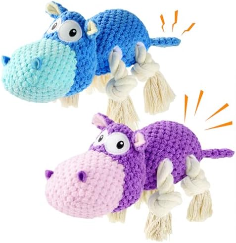 TOOPTATE 2-Pack Squeaky Hippo Dog Toys, Blue & Purple, Medium
