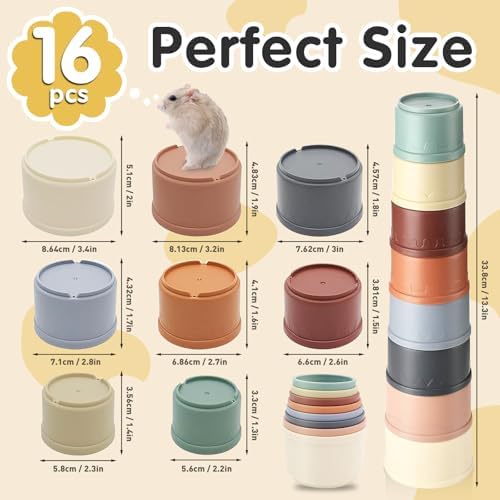 16 Pcs Stacking Cups for Rabbits, Colorful Bunny Toys for Rabbits and Small Animals, Nesting Rabbit Toys of Different Sizes, Bunny Stacking Cups for Hiding Food and Playing