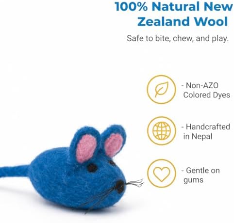 Glaciart One Felt Mouse Cat Toy – Soft Fuzzy Enrichment 100% Natural Wool - Interactive Catnip Play Cat Toy Set - Safe for Pets, Non-AZO Colored Dyes - 100” Long