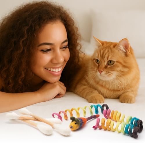 Glaciart One Indoor Catnip Cat Toy Pack - 7pc | Kitty Toys Include Wool Springs, Swabs & Mouse | for Activity, Exercise & Play | Filled w/Organic Catnip to Excite/Calm Pet | Great Gift Idea