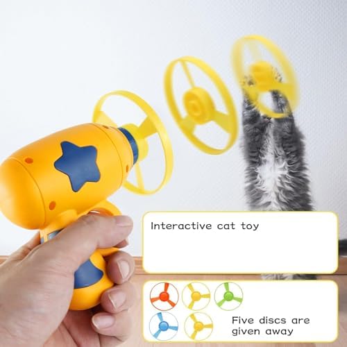 Andiker Cat Fetch Toy, Interactive Kitten Flying Disc Launcher Toy with 5 Colorful Flying Propellers for Cat Enrichment, Flying Saucer Toy for Cats for Training and Chasing (Yellow)