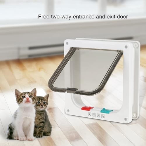 L Size 4-Way Lockable Pet Door, Secure Flap for Cats and Small Dogs, DIY Installation, Weatherproof Double-Flap Design, White Plastic Material