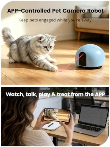 Interactive Pet Camera Robot with Treat Dispenser & Laser, Moving Cat & Dog Camera, Remote Control Pet Monitor with Two-Way Audio, Night Vision, App Control & Auto Recharge