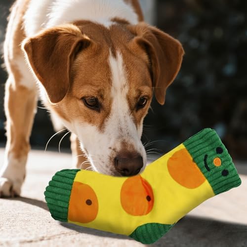 Andiker Squeaky Dog Toys, Cute Sock Shape Dog Chew Toys with Squeaker Crinkle Paper Hidden Food Hole Interactive Dog Toys for Small and Medium Dogs Chewing Teeth Grinding Playing (Yellow)