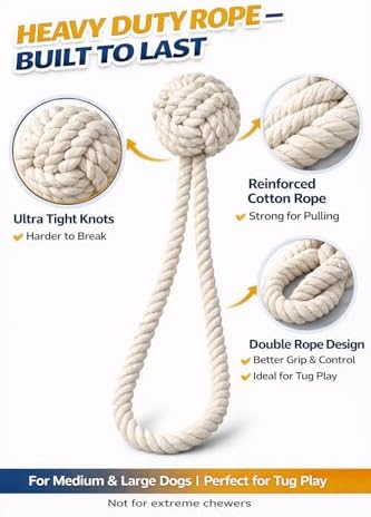 Cotton Dog Rope Toy with Ball – 20" Tug Toy for Medium & Large Dogs, Strong & Durable for Tug-of-War, Outdoor Interactive Play & Teeth Cleaning, White