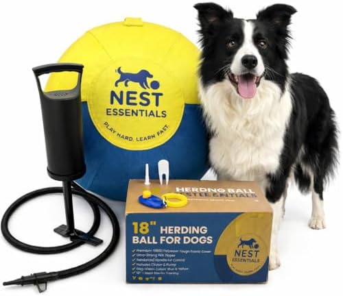 Herding Ball for Dogs 18” Durable Training Dog Toy for Medium & Large Dogs | Dog Ball Includes Clicker + Pump | Blue & Yellow | Tough 1680D Fabric | for Active Breeds