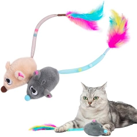 Catify Interactive Cat Toy - Squeaking Mice Set, Beige & Gray