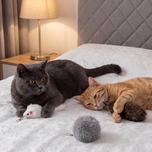 18 Pack Natural Rabbit Fur Cat Toy Refills, Mouse Tail Fur Ball Shaped Cat Toys, Interactive Cats Wand Toy Replacement Head with Secure Connector(Mouse,Tail, Pom Pom)
