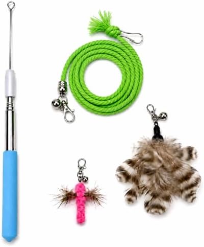 Cat Wand Toy Set, Retractable Stainless Steel Wand with 3 Interchangeable Attachments, Feather, Insect, Cotton Rope