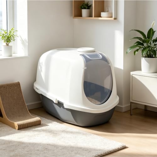 Navy & White Enclosed Smart Cat Cove Litter Box